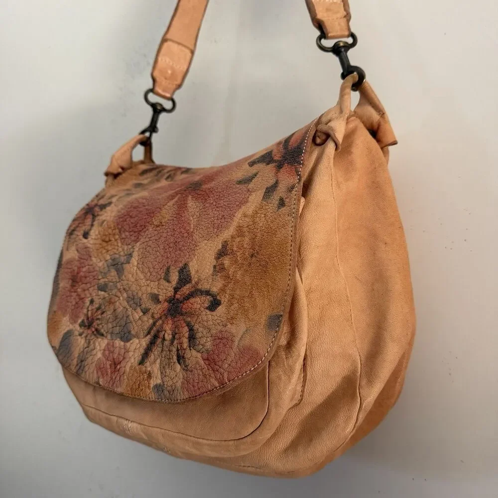 Sundance Leather Saddle Bag Painted Floral Memories Hobo Boho Indie Artsy ITALY